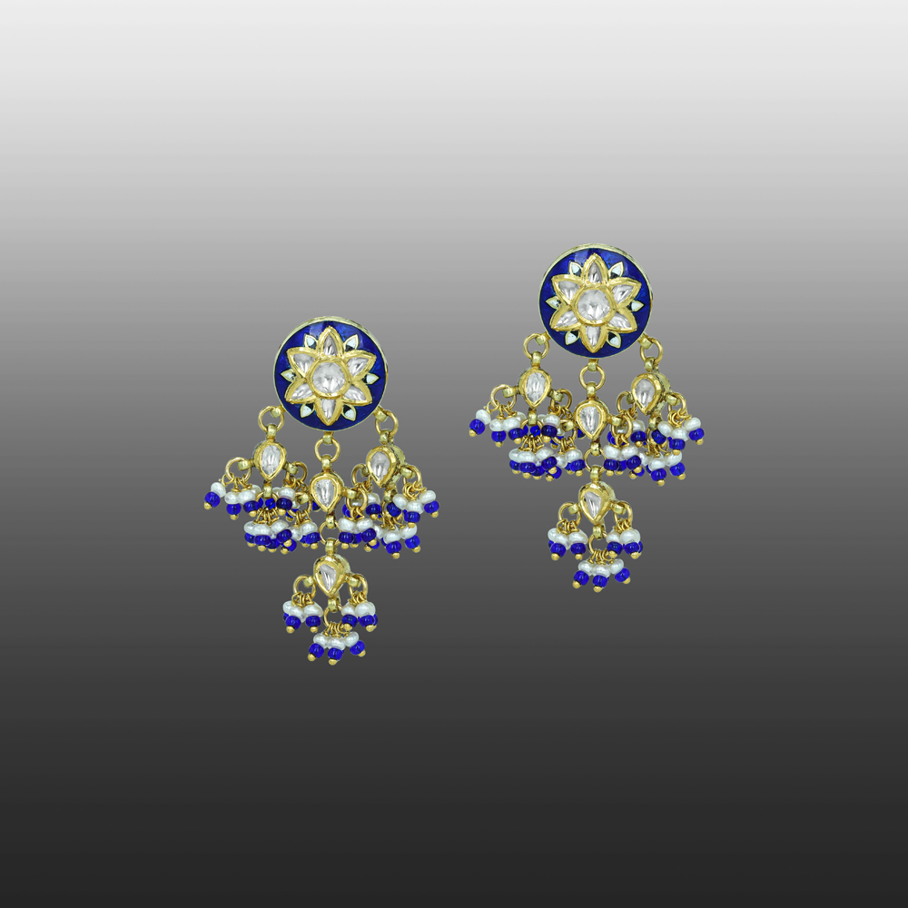Floral Motif Earrings with Blue Enamel and Cascading Beads